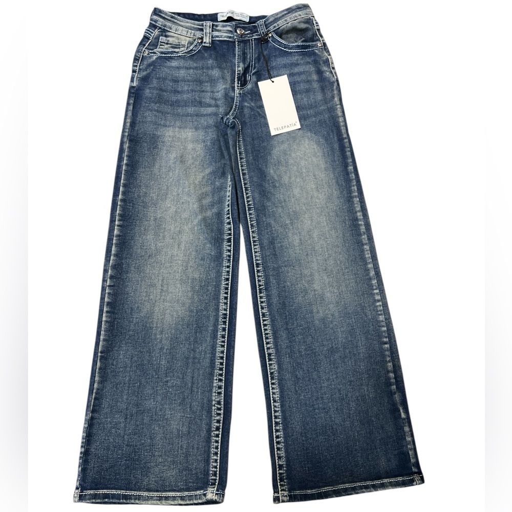 New! Telepatia Collection Wide Mid  Rise Jeans Skull Rose Embroidery Sz 9